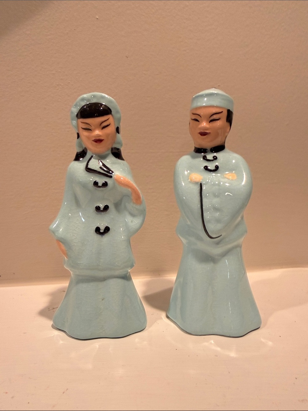 Vintage Asian Figurines Woman And Man Aqua Black Tan 5” Tall 1950's